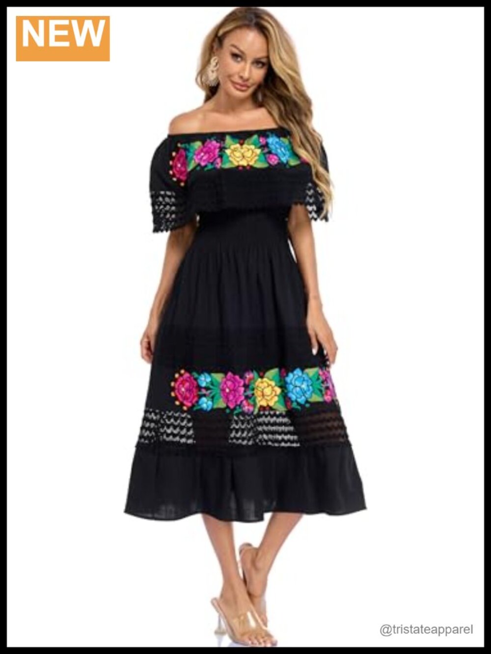 Women Mexican Embroidered Off Shoulder Midi Dress 100% Cotton Lace Floral